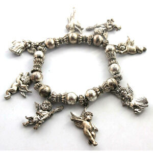 Silvertone Angel Cherub Charm Stretch Bracelet • Winged Cupids • Rondels